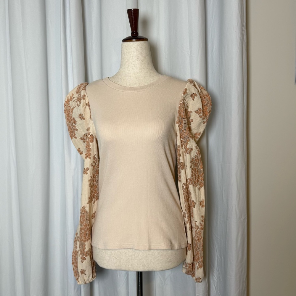 Dolan Left Coast Lace Puff Sleeve Top Ribbed Knit Romantic Blouse Women Small - Picture 2 of 12